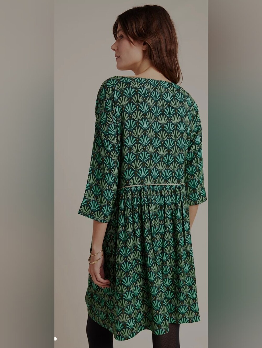 Anthropologie Green Patterned Three-Quarter Sleeve A-Line Dress - Picture 3 of 9